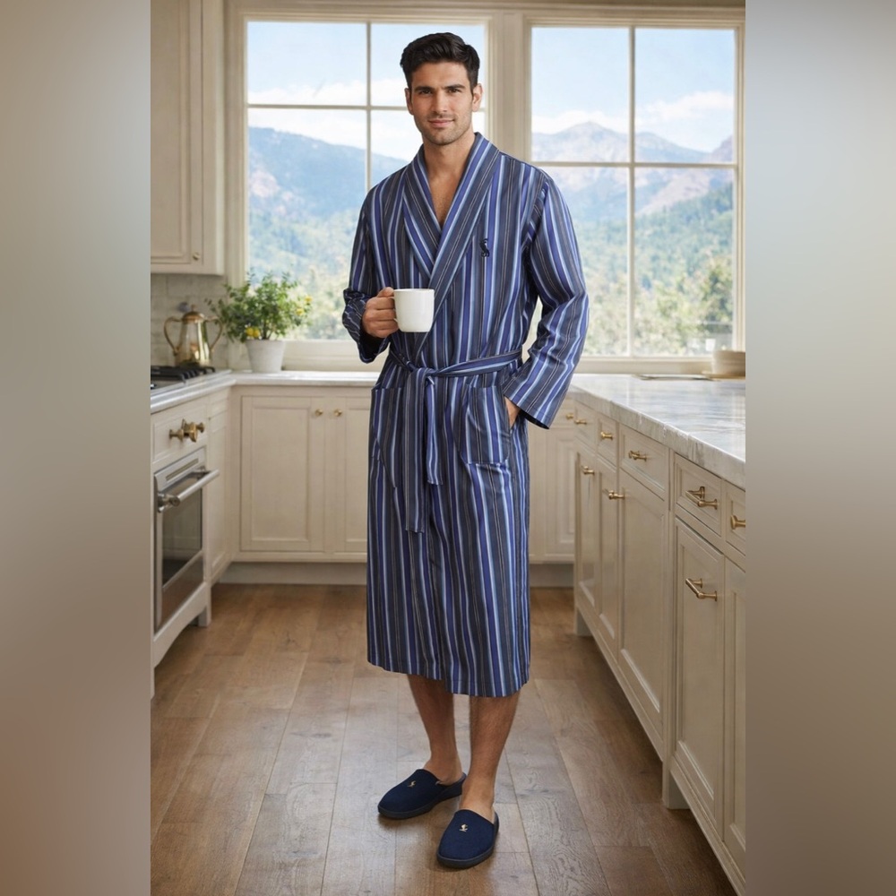 Polo Ralph Lauren Men’s S/M Blue Striped 100% Cotton Poplin Robe Belted, Pockets